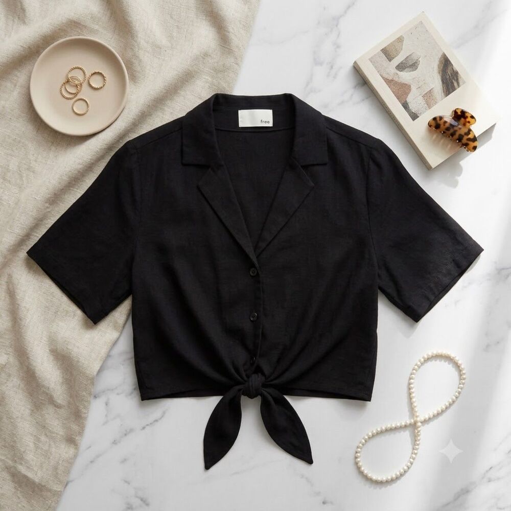 Wilfred Free Black Tie Front Cropped Shirt Linen Look Viscose Top XXS